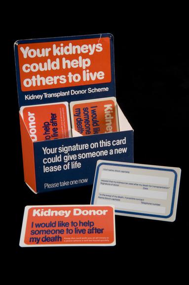 Kidney donor cards with holder for display, England, 1981-1990