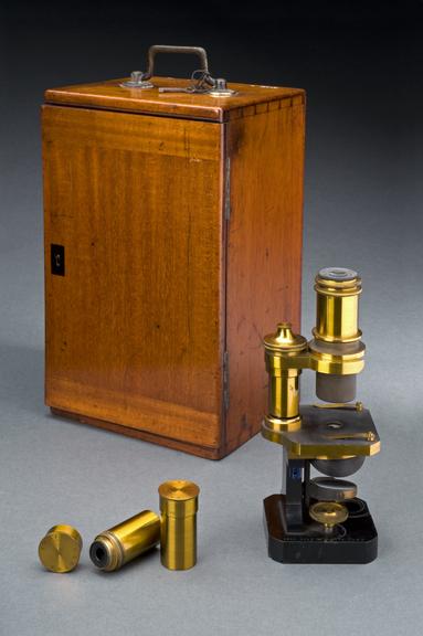 Mahogany case with two microscope objectives, Jena, Germany, 1875-1900