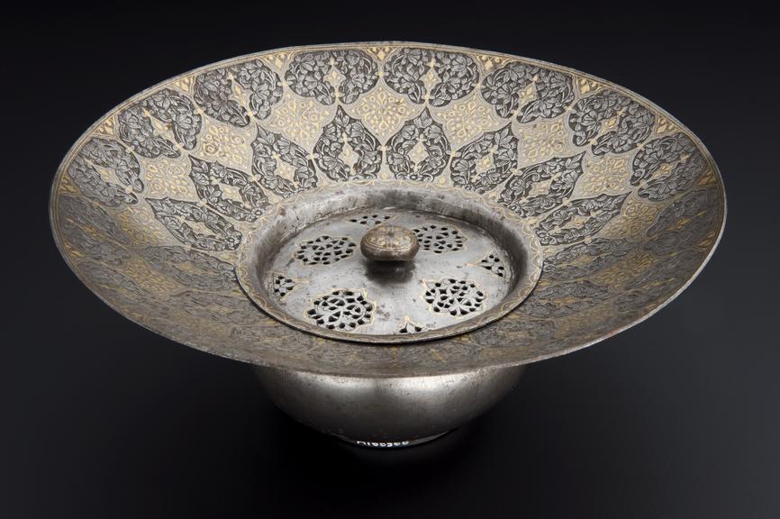 Steel spittoon, inlaid with  gold, Persian