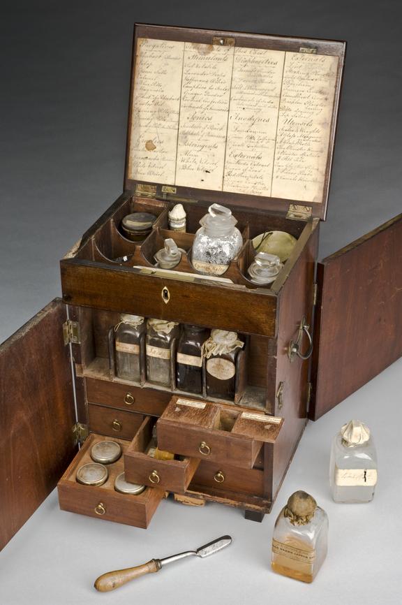 Mahogany  medicine chest with contents, 19th century