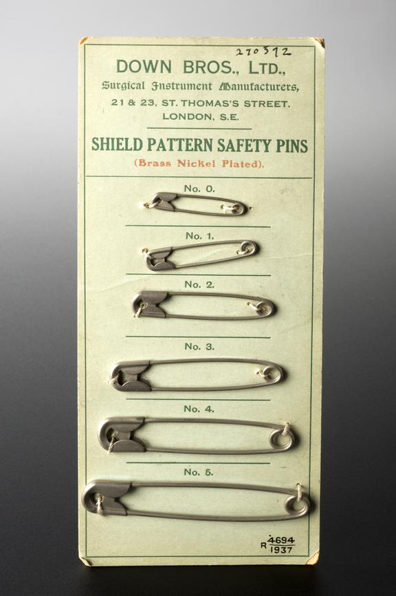 Display set of 6 safety pins by Down Bros. Ltd