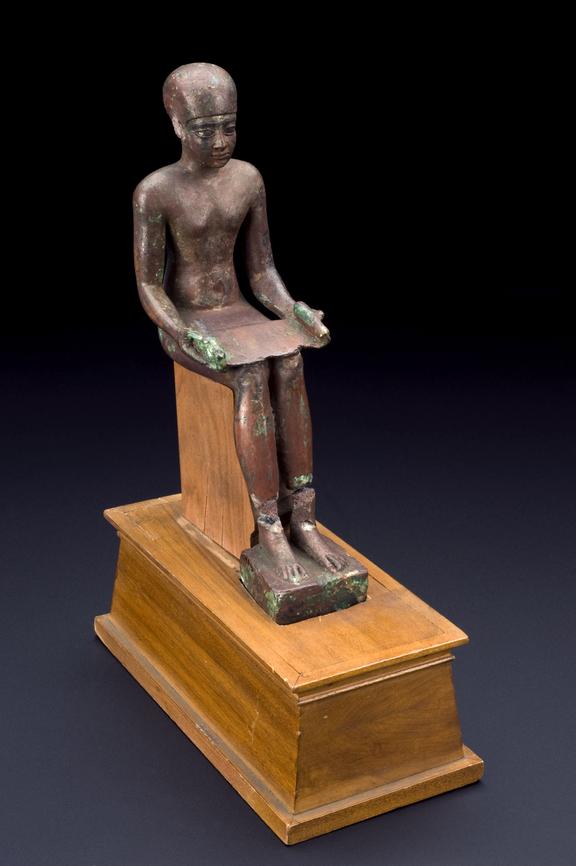 Bronze statue of Imhotep, on modern wooden plinth, Egyptian