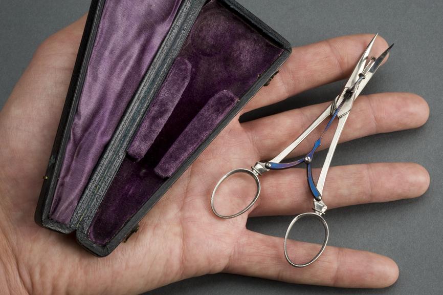 Skin grafting scissors, in case, c.1900