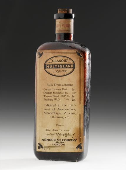 Brown glass bottle of ‘multigland liquor’, London, England, c. 1928