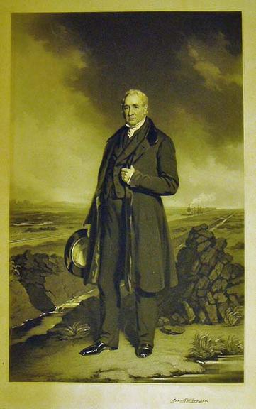 Engraving of 'Portrait of George Stephenson standing on Chat Moss', by John Lucas, 1849