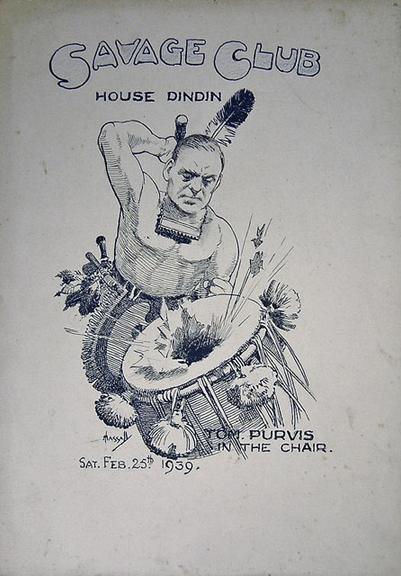 Ink caricature: Savage Club House Din-Din. Tom Purvis in the chair - Sat. Feb.25th