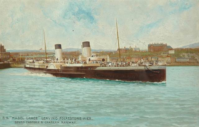 S.S. "Mabel Grace" leaving Folkstone Pier South Eastern & Chatham Railway (painting; painted photograph)