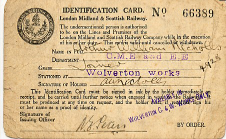 London Midland & Scottish Railway identification card