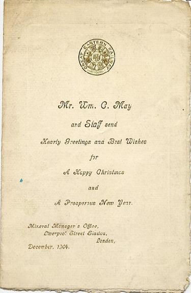 Christmas card from Mr Wm. C. May and staff (greetings card)