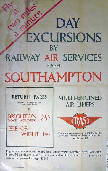 Railway Air Services poster. Fly at Two Miles a Minute - Day Excursions by Railway Air Services from Southampton