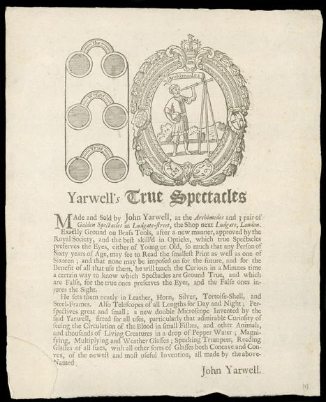 Trade card for John Yarwell, optician, London, England, 1697