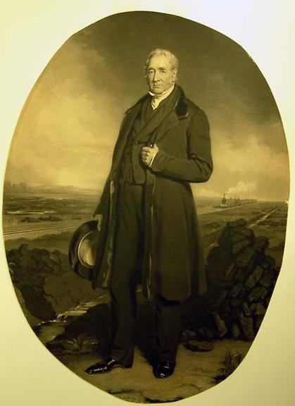 Engraving by T L Atkinson 'Portrait of George Stephenson standing on Chat Moss', from painting by John Lucas, 1849 (print; engraving; portrait)