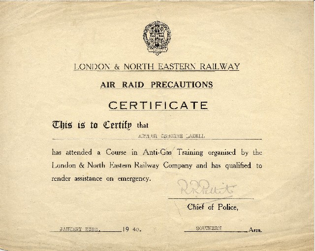 London & North Eastern Railway anti-gas training certificate