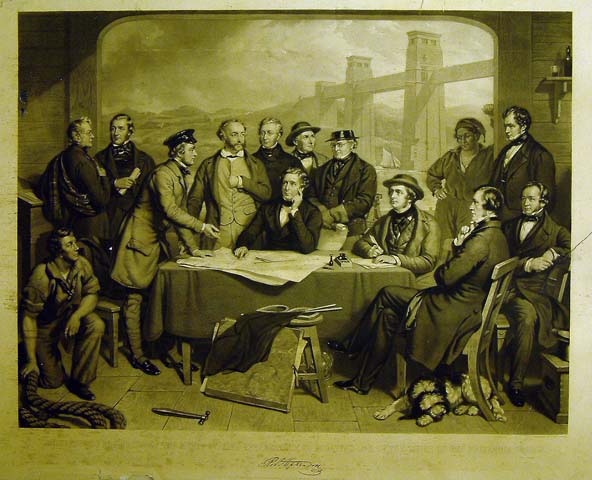 Engraving of 'Conference of Engineers at the Menai Straits preparatory to floating one of the tubes of the Britannia Bridge', by John Lucas (print; engraving)