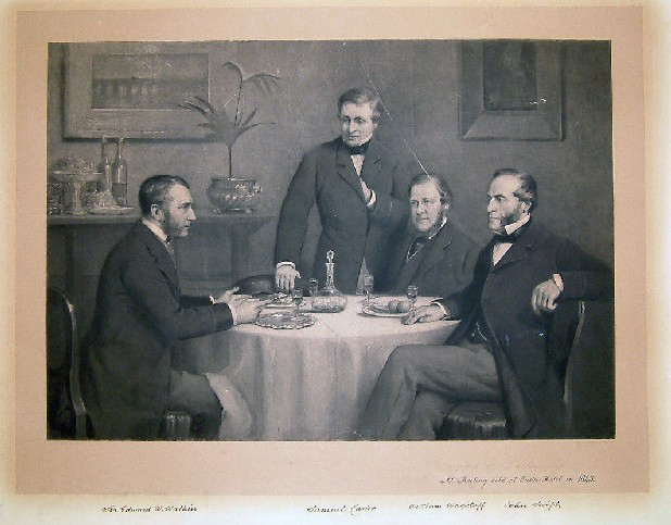 Arranging a partnership at a meeting held at Euston Hotel in 1845 (print; engraving)