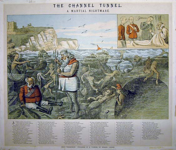 Coloured lithograph (cartoon with text) entitled, The Channel Tunnel - A Martial Nightmare