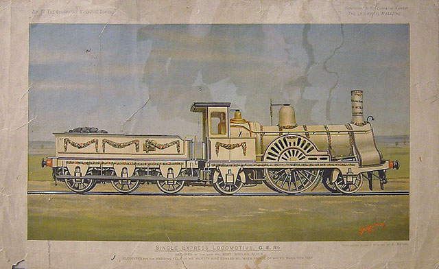 Great Eastern Railway Single Express Locomotive, Sinclair 2-2-2, cream livery, decorated (print)