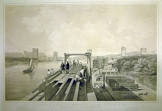 Britannia Tubular Bridge over the Menai Straits taken during its construction in 1848 (print; lithograph)