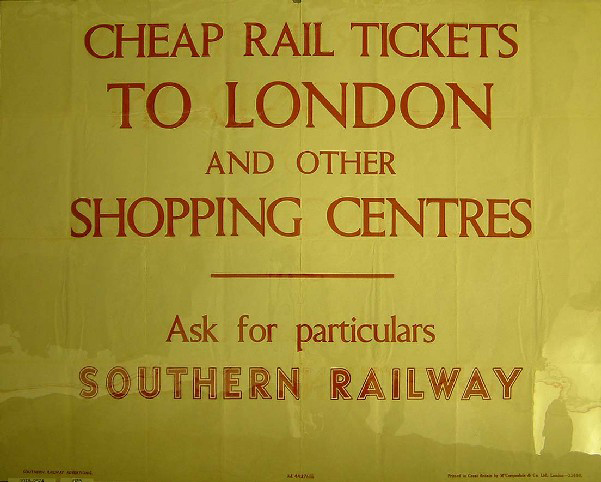 Cheap rail tickets to London and other shopping centres (poster)