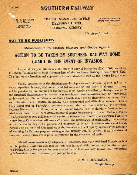 action to be taken by southern railway home guard in the event of invasion (circular)