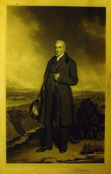 Engraving of 'Portrait of George Stephenson standing on Chat Moss', by John Lucas, 1849