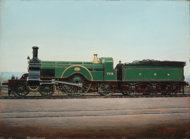 Great Northern Railway 4-2-2 locomotive No. 773 (painting; painted photograph)