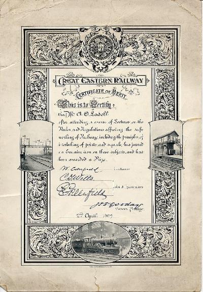 Great Eastern Railway safe working of railways certificate (certificate)