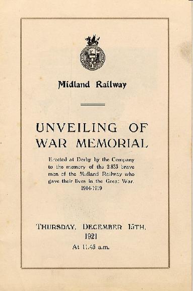 Service for unveiling of derby war memorial (order of service)