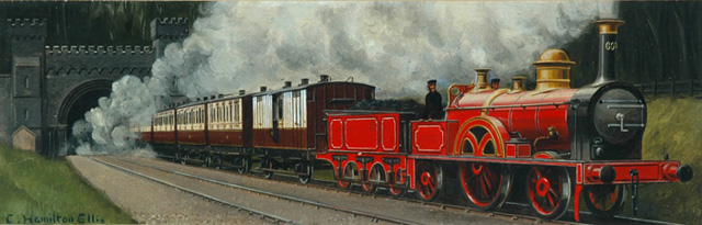 Travel in 1865, West Coast express hauled by "Large Bloomer" no.607 (painting; oil painting; carriage print artwork)