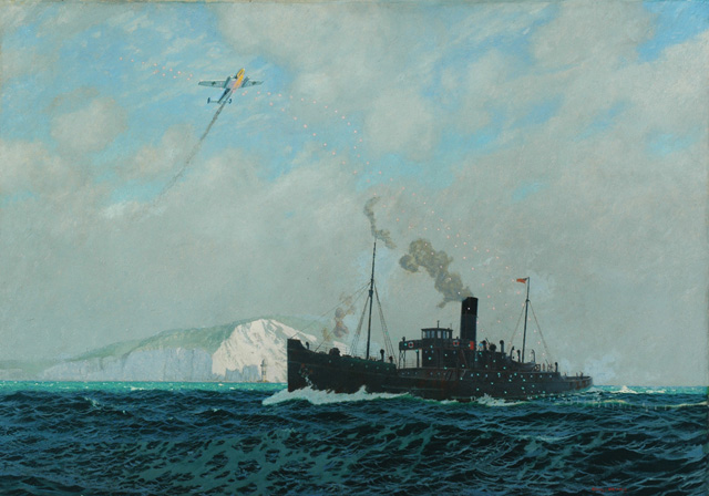 Southern Railway cargo steamer under attack from German aircraft during World War II (painting; oil painting)