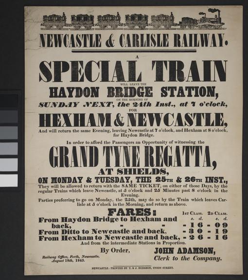 Newcastle and Carlisle Railway handbill for a Special Train