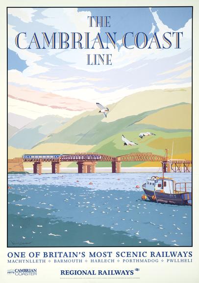 Poster, train on bridge over sea