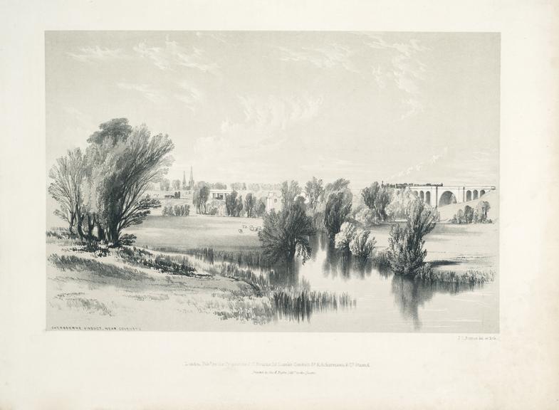 Lithograph, 'Sherbourne Viaduct, near Coventry', by J C Bourne, c 1839