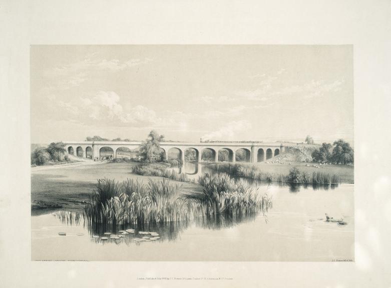 Lithograph 'Avon Viaduct, Wolston, Warwickshire', by J C Bourne, 1838