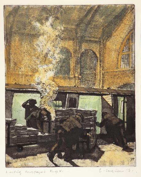 E. Sargieson aquatint - Loading Newspapers Kings Cross  - 1981.