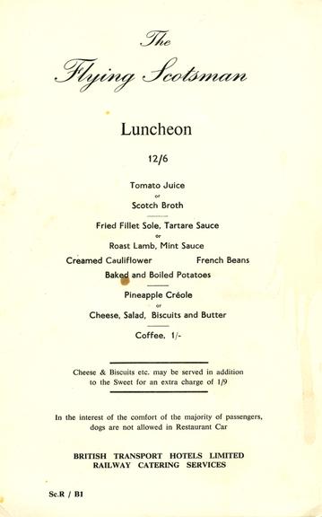 Flying Scotsman luncheon menu, 1962