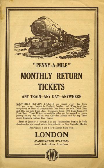 Leaflet, GWR 'Penny a Mile'. Monthly return tickets, 1937.