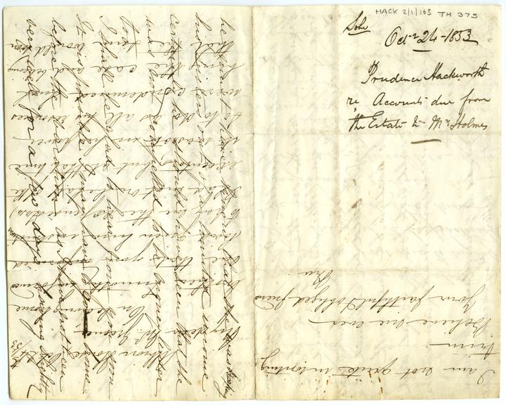 Cross-written letter from Prudence Hackworth, Albion House to Thomas Greener