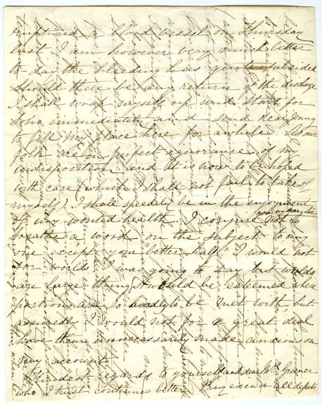 Cross-written letter from Prudence Hackworth, Albion House to Thomas Greener