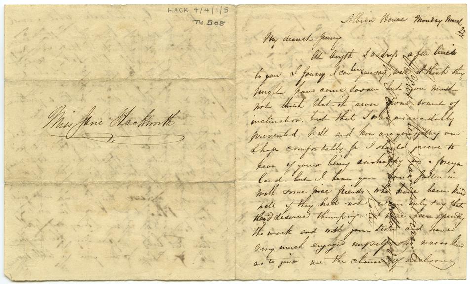 Cross-written letter from Kate Brewsher, Albion House to Jane Young (nee Hackworth)