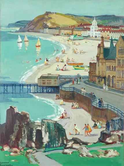 View of Aberystwyth beach and town with pier in foreground (painting; oil painting; poster artwork)