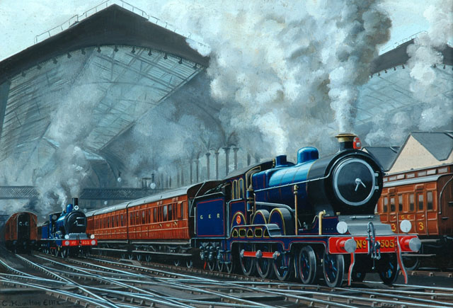 Great Eastern Railway  4-6-0 locomotive hauling train out of Liverpool Street Station (painting; oil painting)