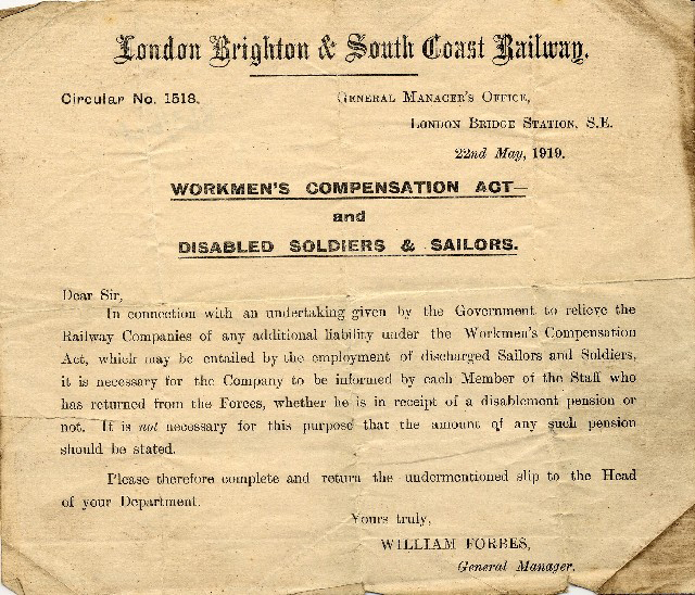 Workmen's compensation act - and disabled soldiers & sailors (circular)