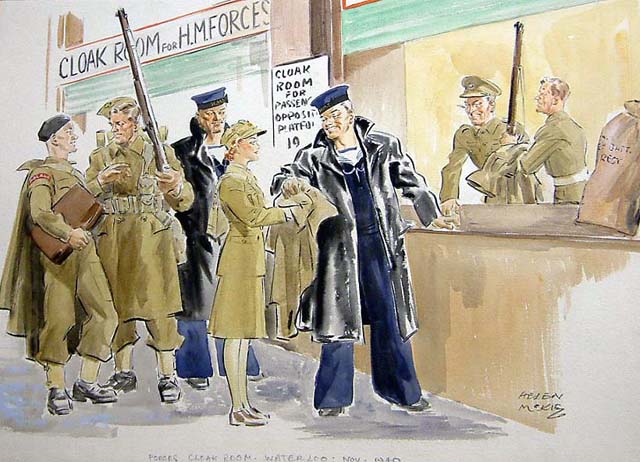 Forces Cloak Room, Waterloo (painting; watercolour; drawing)