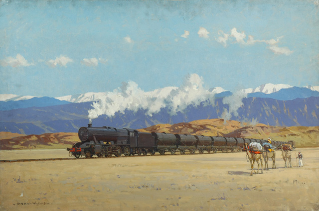 London Midland & Scottish Railway locomotive in Persia taking supplies to Russia (painting; oil painting; poster artwork)