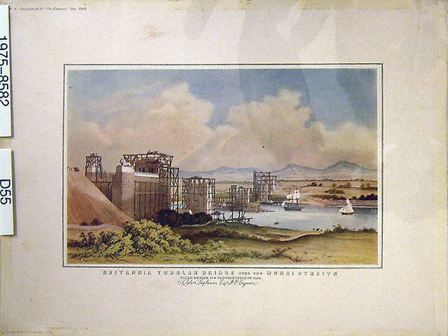 Colour print/  Britannia Tubular Bridge over the Menai Straits taken during its construction in 1848 (print)