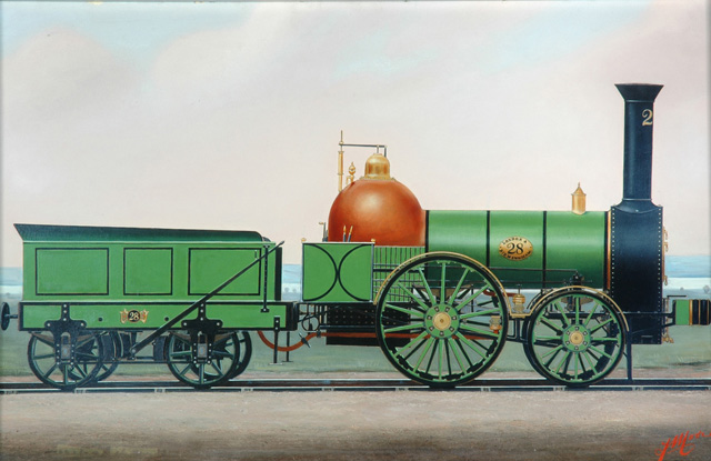 London & Birmingham Railway Bury 2-2-0 locomotive no.28 (painting; painted photograph)