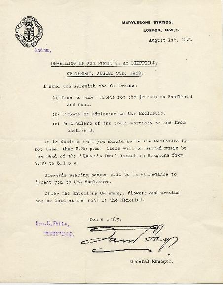 Letter regarding the unveiling of a war memorial