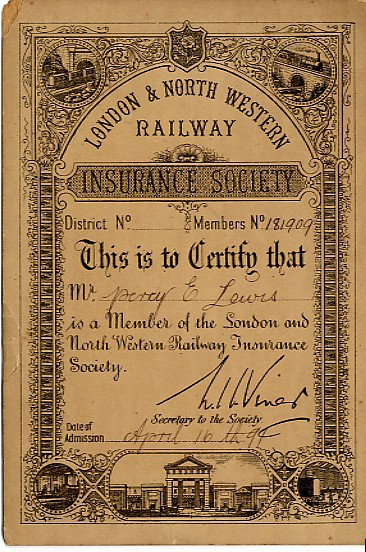 membership certificate issued by London & North Western Railway Insurance Society to Mr Percy Edwin Lewis