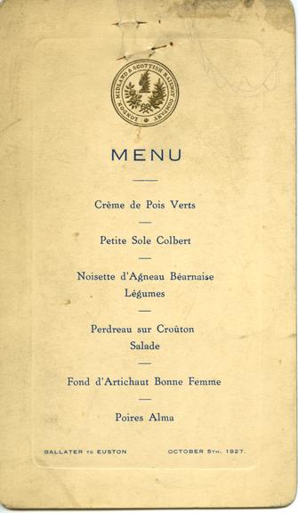 Menu Card, 1927,LMS. Luncheon on Ballater to Euston Journey